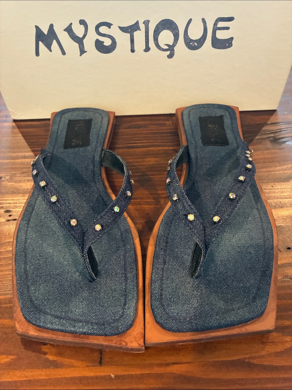 Mystique Boutique Denim Jeweled Thong Sandals - Blue Denim